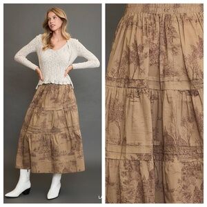 Umgee Landscape Print Tiered Long Elastic Waist Maxi Skirt - Latte